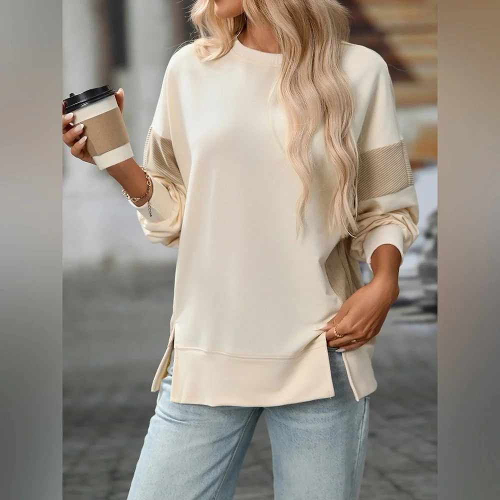 Slit Round Neck Long Sleeve Sweatshirt